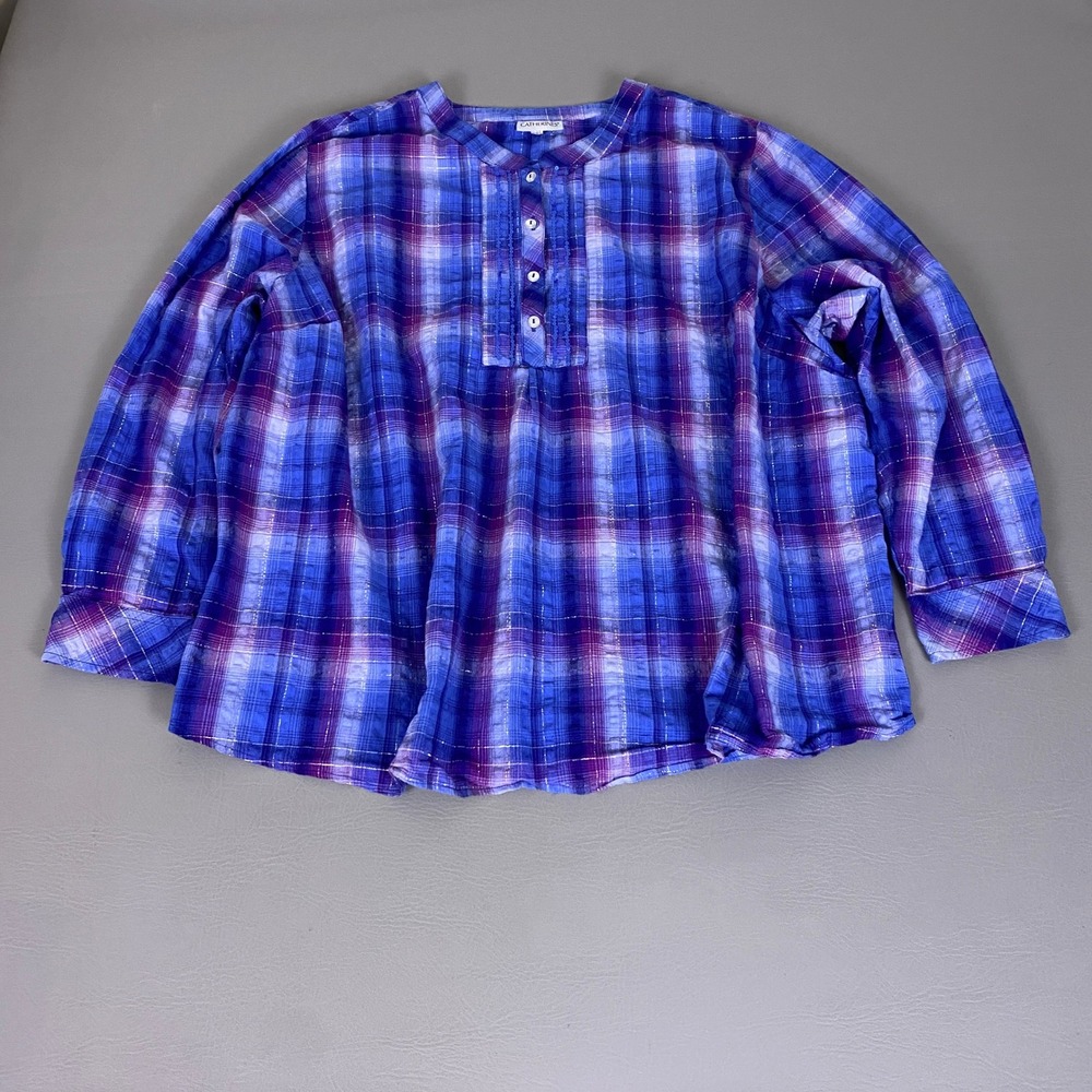 Catherines Blouse Top Henley Women's Plus Size 1X Blue Purple Plaid Sequin